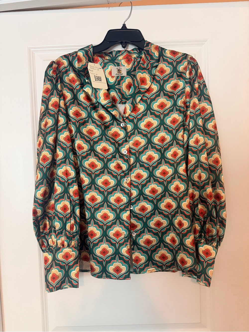 Geometric Print Button-Down Blouse in Teal and Coral
